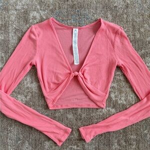 ALO Yoga Coral Pink Ribbed Knot-Front Long Sleeve Crop Top